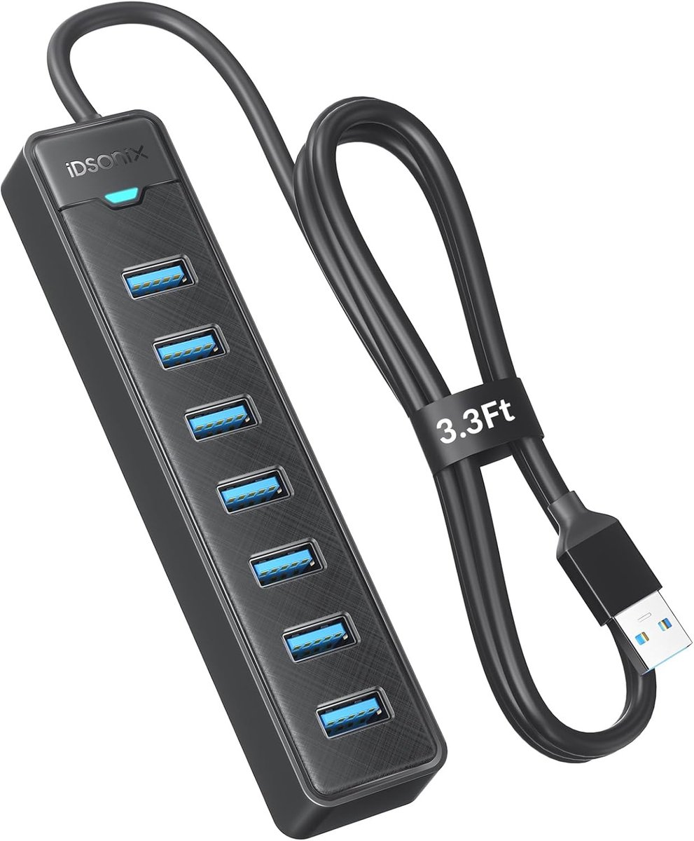 ZHUTA 7-Port USB 3.0 Hub Long Cable [3.3ft] USB Hub 5Gbps Data, USB Extension Multiport Adapter for PC, Laptop More - ShopVlot