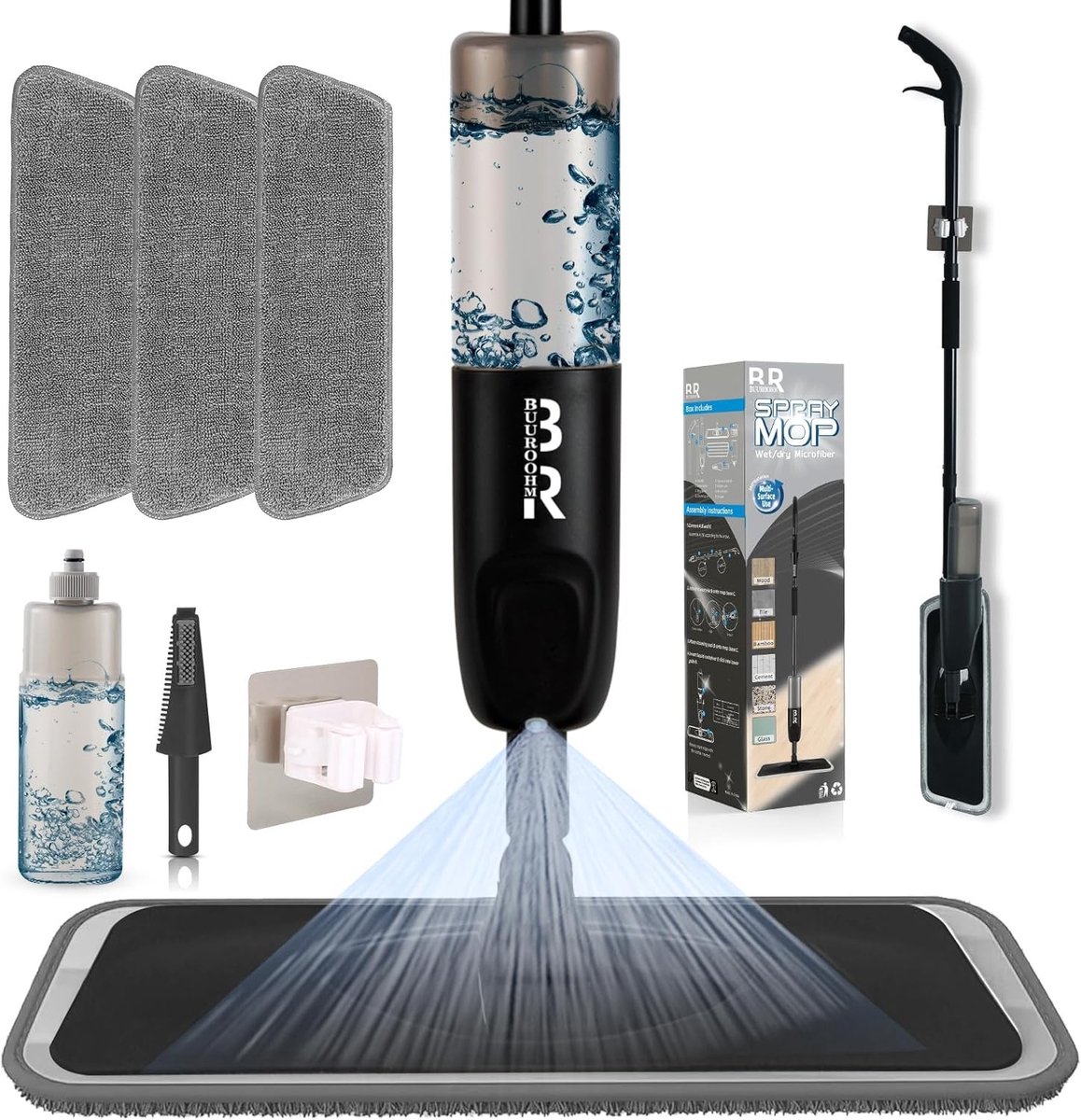 Microvezelsproeier voor Vloerreiniging - Zwart - 500 ml - Met 3 Wasbare Pads - Voor Keuken en Laminaat