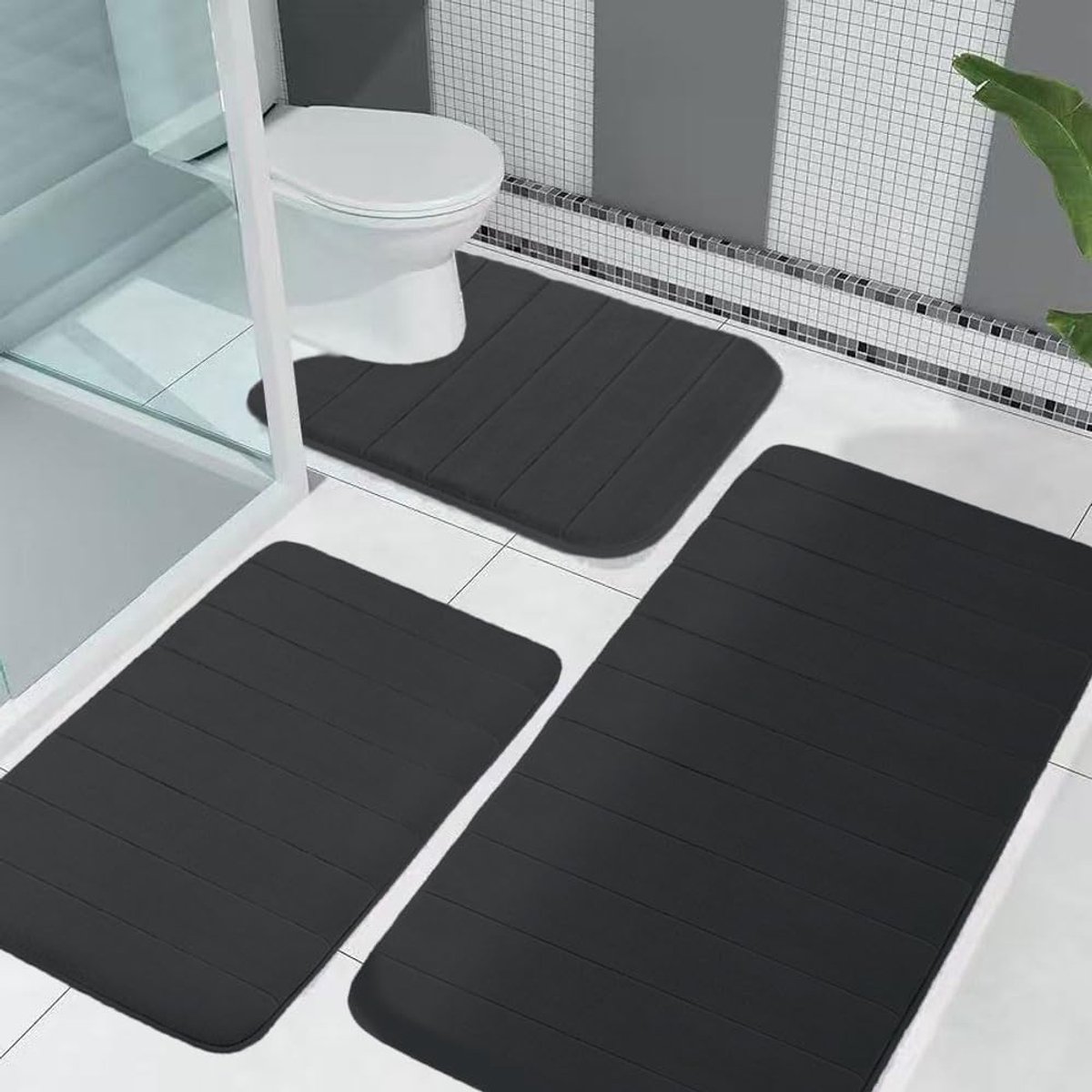 Badmatsets 3-Delige - Van Traagschuim Badkamertapijt - Zachte Badmat en U-vormige WC-mat - Antislip Wasbare Badkamermat - Absorberende Badmatset Voor Douche - Toilet en Badkuip (Zwart)