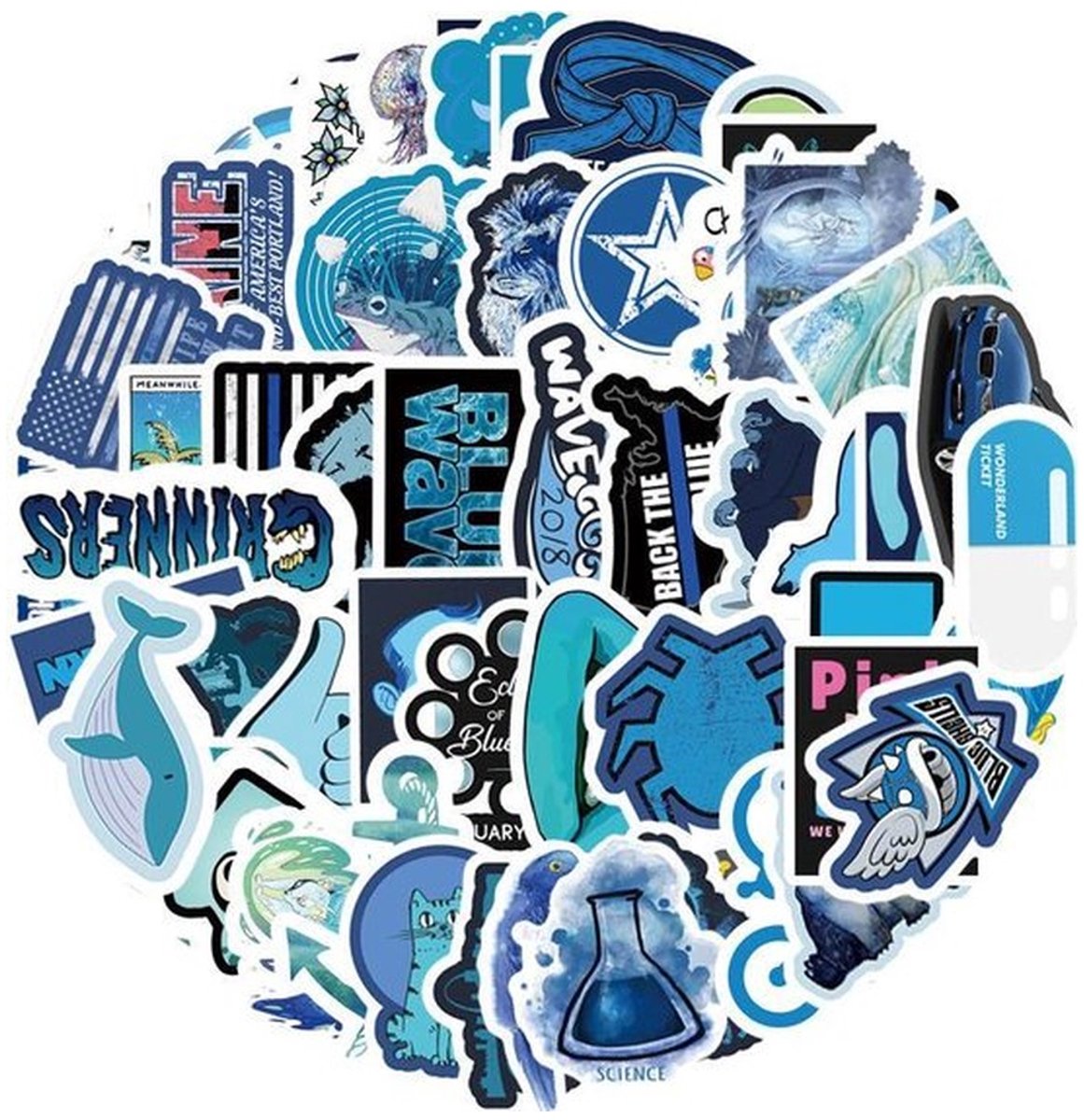 61 Blauwe Stickers – Dieren, Surfen, Bloemen & Teksten