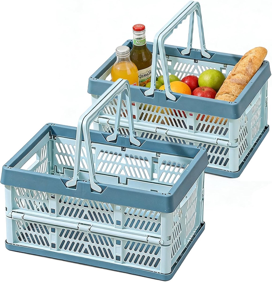 Set van 2 Opvouwbare Dozen met Handvat, Ruimtebesparende en Stapelbare Opbergdozen voor Keuken, Badkamer, Kantoor en Slaapkamer (Blauw, Grote Maat)