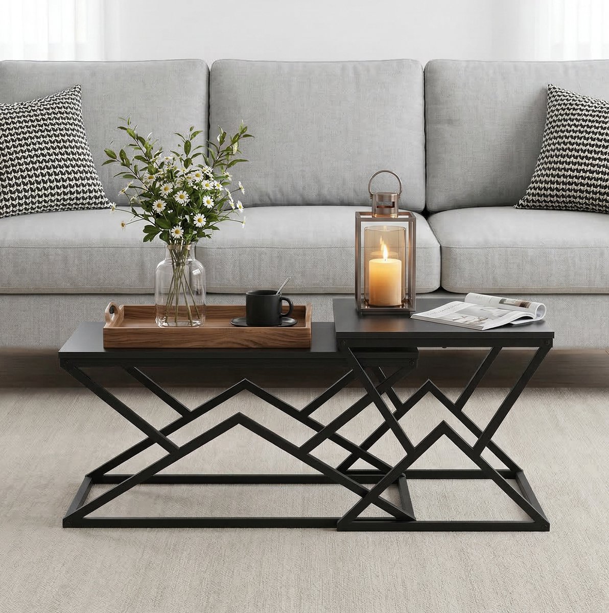 Wishdor Salontafel - Modern geometrisch design - Stevig metaalframe met houten blad - Industrieel - Woonkamer - Zwart - 80 x 50 x 40 cm - Voor koffie en accessoires