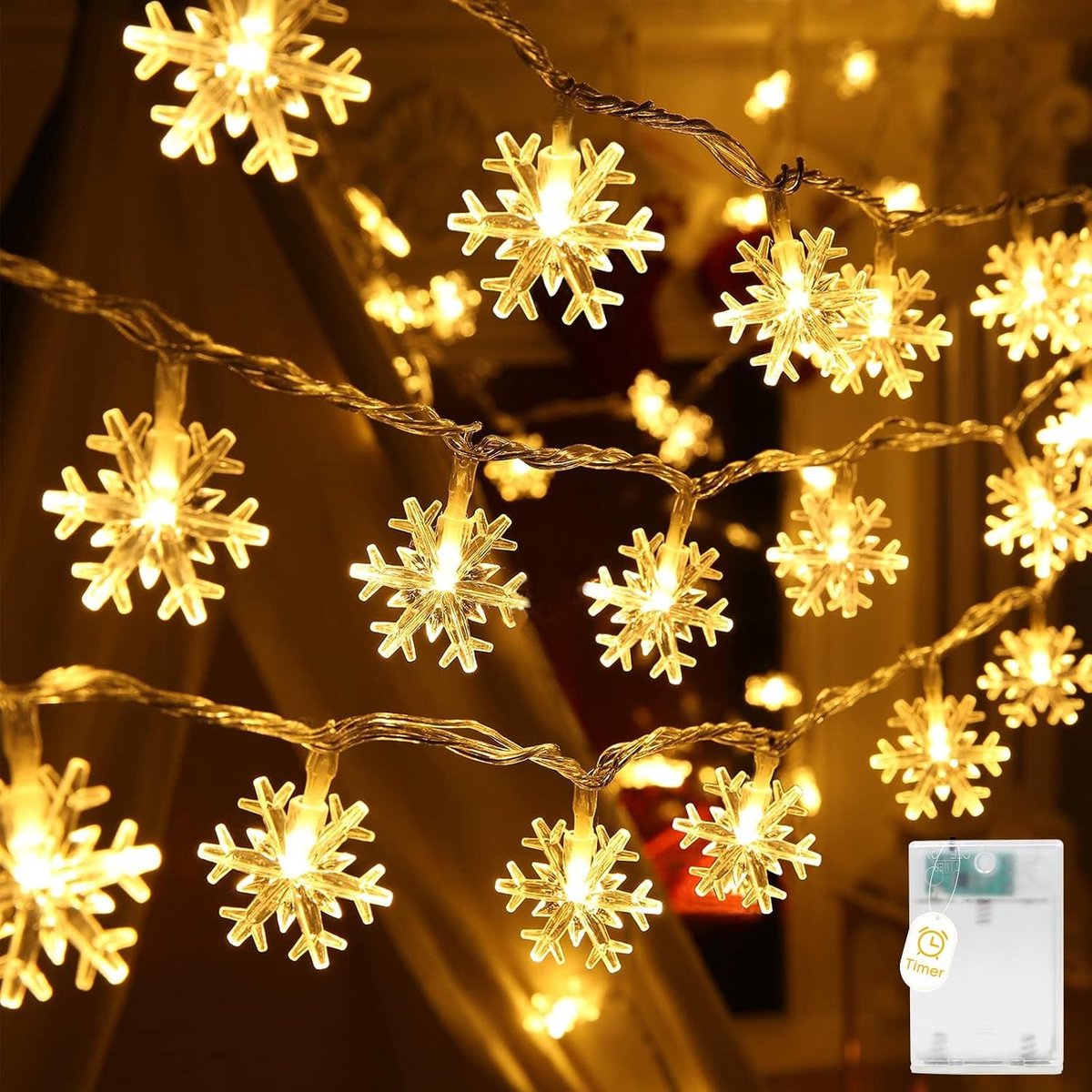 Sneeuwvlok Lichtsnoer - Warm Wit - 5 m - 50 LED Lampjes met Timer - Voor Binnengebruik