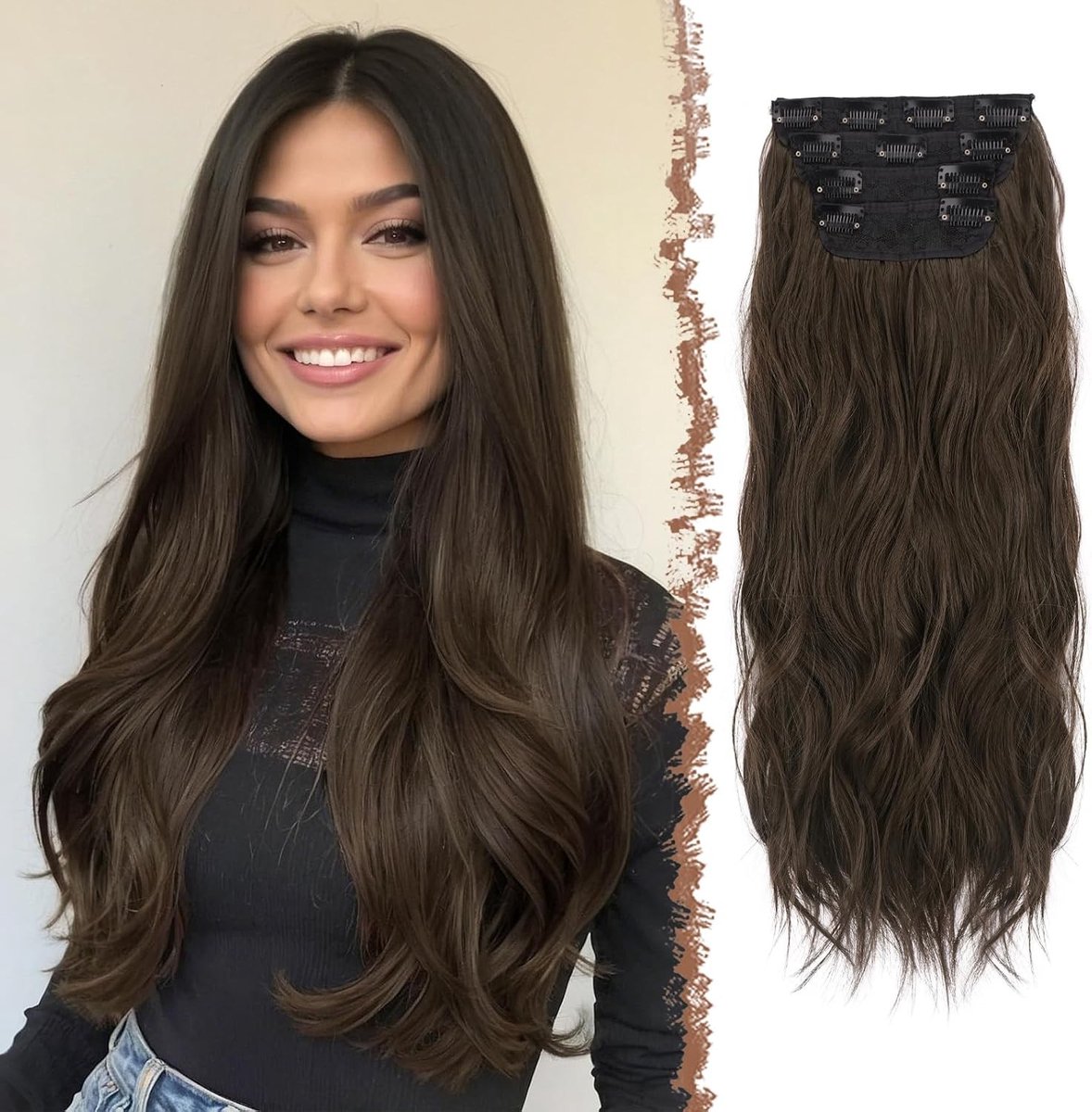 Clip in Haar Extensions - 4 Stuks Lange Golvende Synthetische Haarextensions voor Vrouwen, 60cm Donkerbruin, Perfect voor Volumineuze Stijlen en Gelegenheden