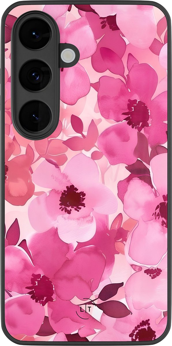 Hoesje geschikt voor Samsung Galaxy S26 - Rosy garden - Luxe Glazen Hardcase - Bloemen - Roze