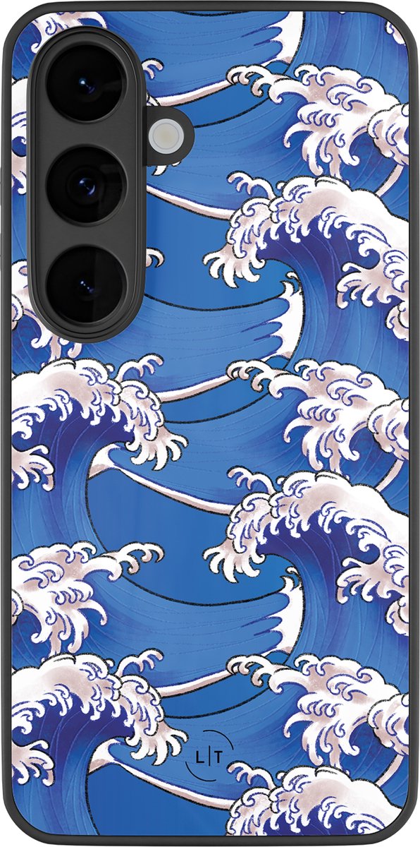 Hoesje geschikt voor Samsung Galaxy S26 - Japanese waves - Luxe Glazen Hardcase - Print / Illustratie - Blauw
