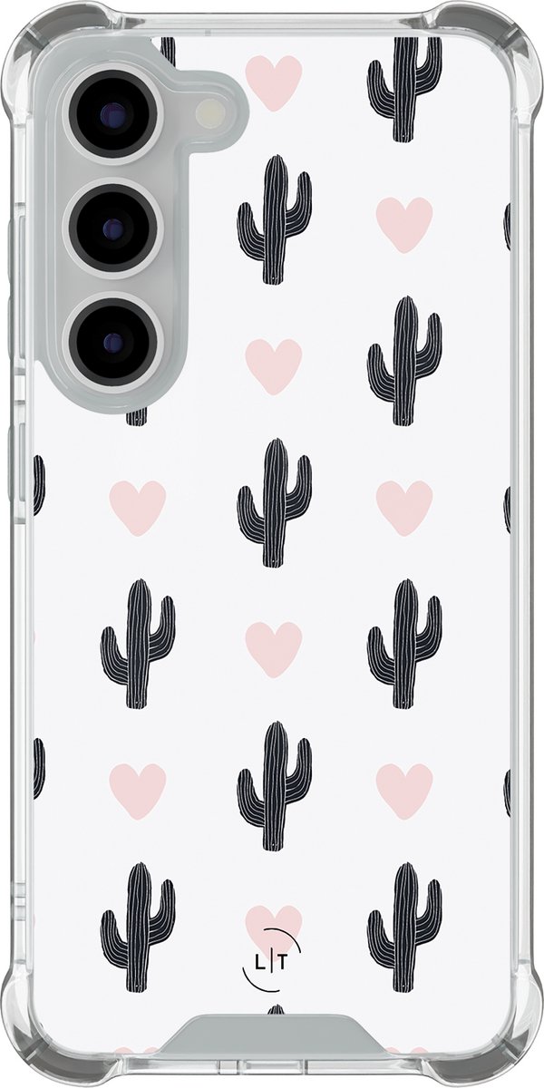 Shockproof hoesje - Geschikt voor Samsung Galaxy S23 - Cactus hartjes - Extra sterke case - TPU/polycarbonaat - Planten - Wit, Transparant