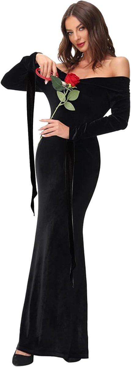 Gothic Off Shoulder Jurk voor Vrouwen - Vintage Halloween Kostuum, Sexy Heks Jurk, Ankle Length Cocktail Jurk voor Feest en Cosplay