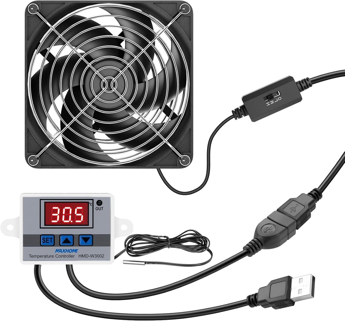 USB Ventilator - Zwart - 140 mm - Met Digitale Temperatuurregeling - Voor PC, Laptop en PS5