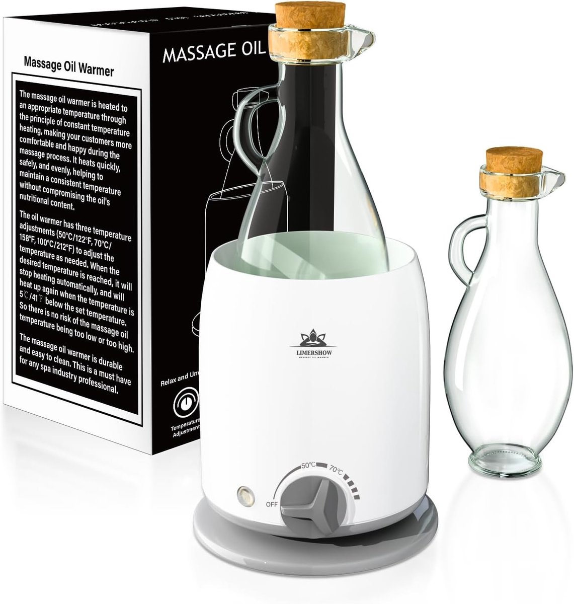 Massageolieverwarmerset - Wit - Compact - Met Glazen Karaf - Voor Ontspanning