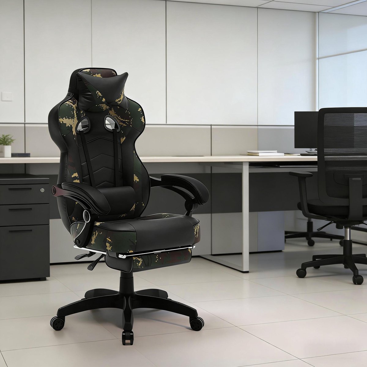 Wishdor Gamingstoel - Verstelbare rugleuning 90-135° - Met voetsteun, hoofdsteun en lendenkussen - Kunstleer en metaal - Zwart en groen - 121-128 cm