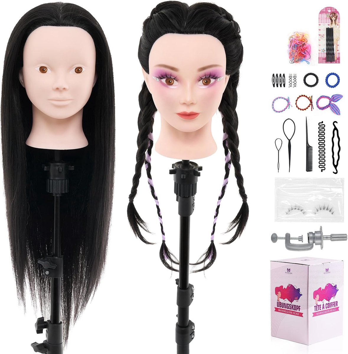 Hair Head 61 cm 50% Real Hair Practice Head Doll Head Hairdressing Training Head with Holder + DIY Hair Set - ShopVlot