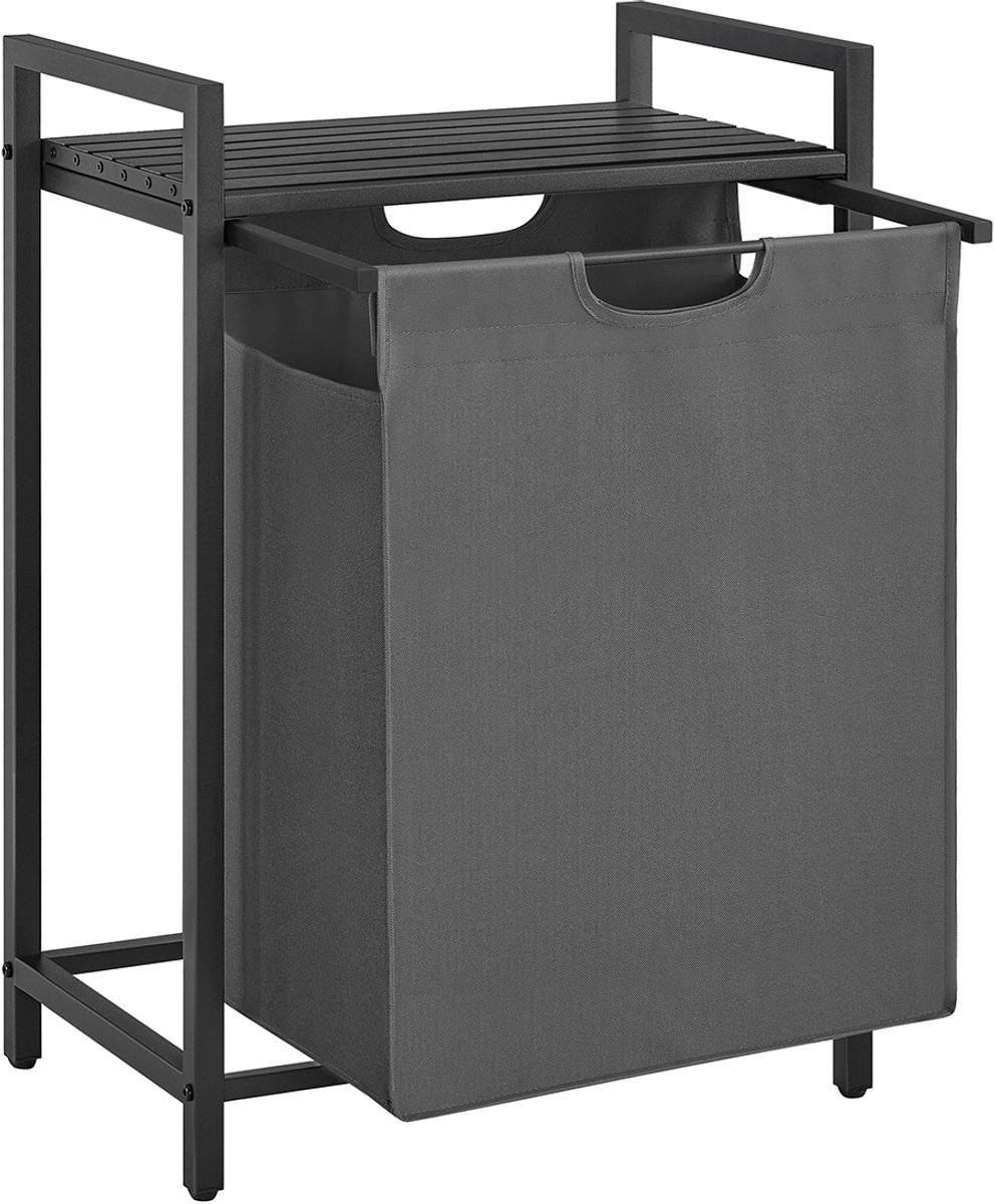 Wasmand Opbergmand 50 x 33 x 72 cm grijs+zwart 65L grote inhoud met uittrekbare en afneembare waszak en gaasplank Stevig metalen frame Ruimtebesparend Geschikt voor badkamer wasruimte en slaapkamer