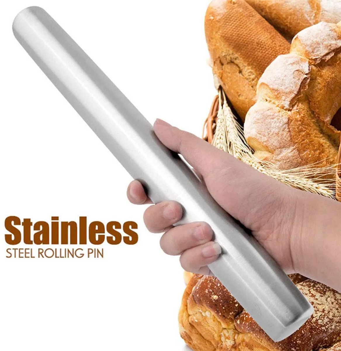 Deze gladde deegroller van roestvrij staal is perfect Geschikt voor het uitrollen van fondant, cakedeeg, koekjes, pasta en pizzadeeg.