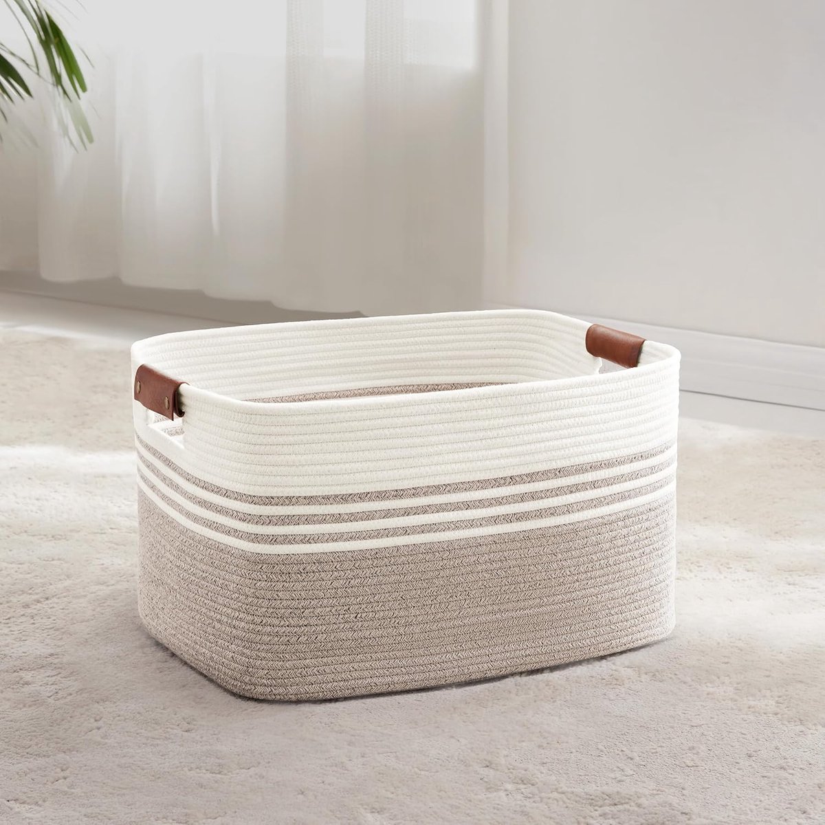 Kleine wasmand 45L - katoenkoord - leren handvatten - opbergmand voor speelgoed - ShopVlot