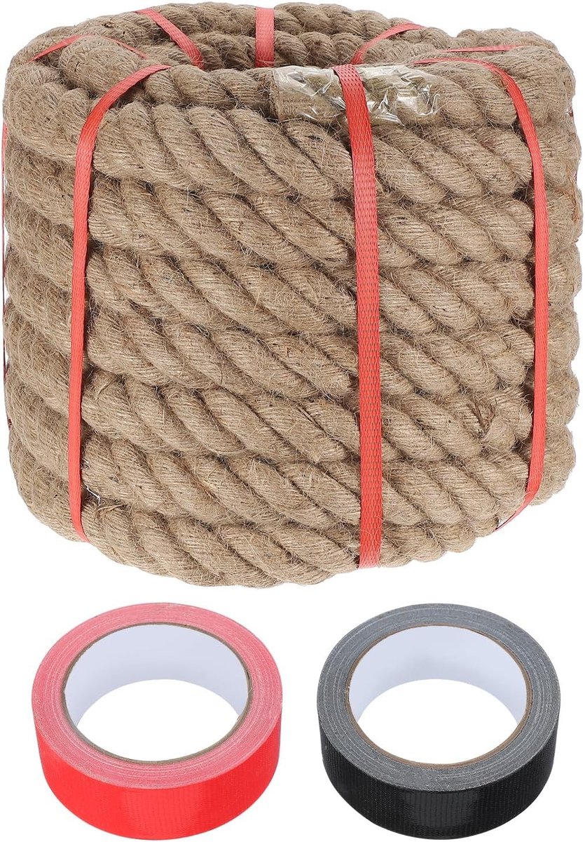 Jute touw 3,1 cm x 22,4 m, gevlochten natuurlijk touw voor knutselen, leuningen en schommels, ideaal voor landschapsarchitectuur en decoratie