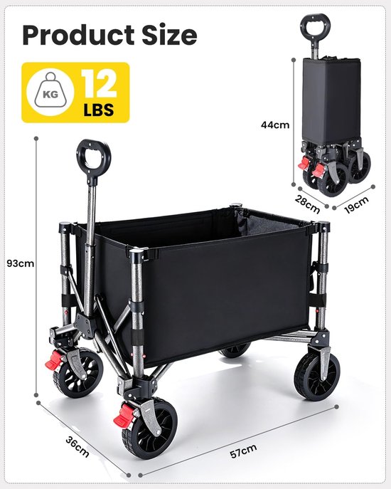 Vouwbare Handkar - Strandkar Trolley - Zware Lasten Vervoeren - Extra Brede Banden - 100 kg Capaciteit - Zwart — afbeelding 2