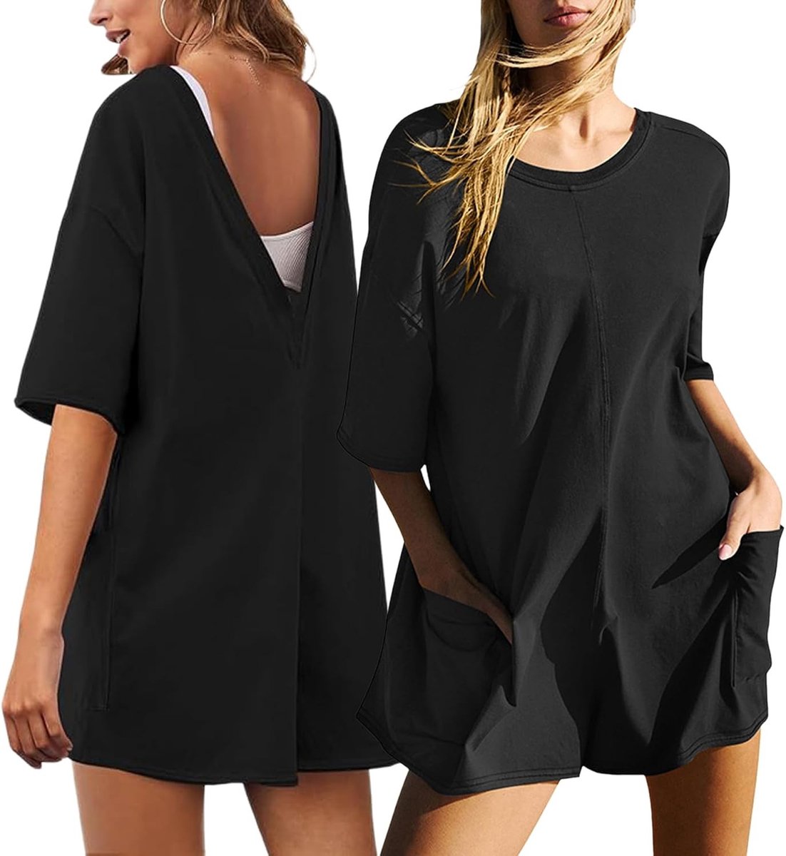 Korte Dames Jumpsuits voor de Zomer - Casual Oversized Rompers met Halve Mouwen en Ronde Hals, Ruime T-Shirt Stijl met Pocket voor Sportieve Training en Vrije Tijd