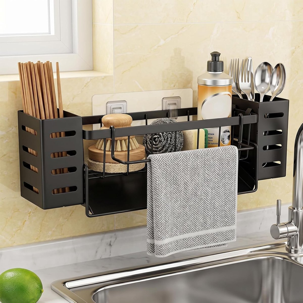 Multifunctionele Afwas Organizer voor Aanrecht, Automatisch Afvoerende Spons Houder met Afneembare Doekhouder en Borstels, Keuken Sink Tidy Oplossing