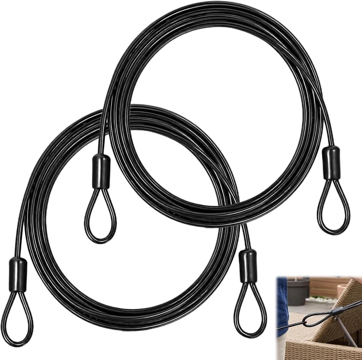 Luskabel - Zwart - 2 m x 4 mm - Staalkabel met Ogen - Voor Fietsen en Tuinmeubelen