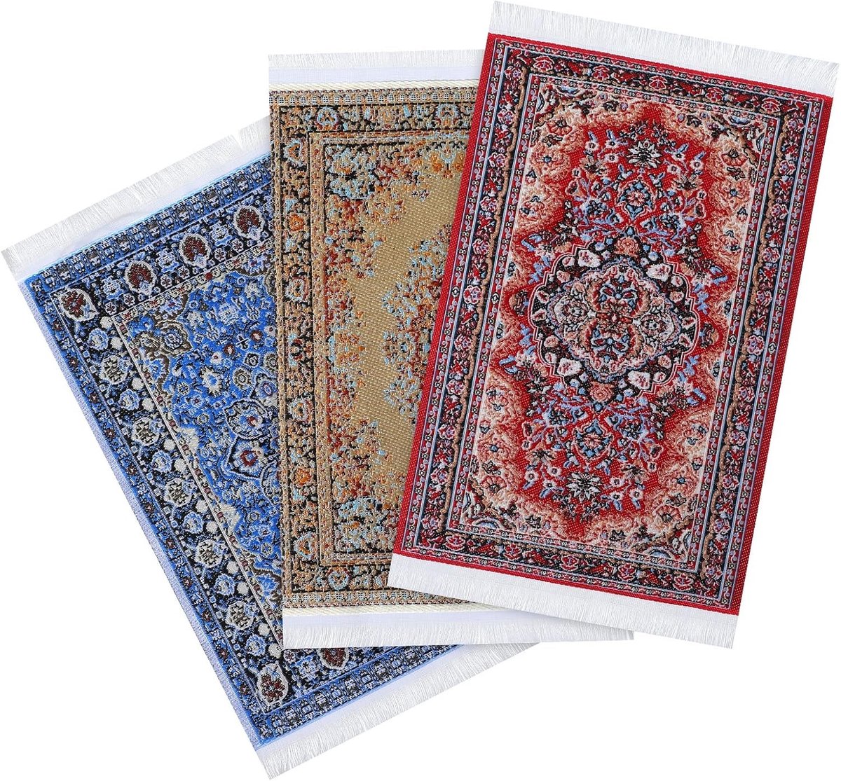 Set van 3 Miniatuur Tapijten voor Poppenhuis, Retro Bloemmotief, Decoratieve Accessoires voor DIY Poppenhuis Meubels in Blauw, Geel en Rood