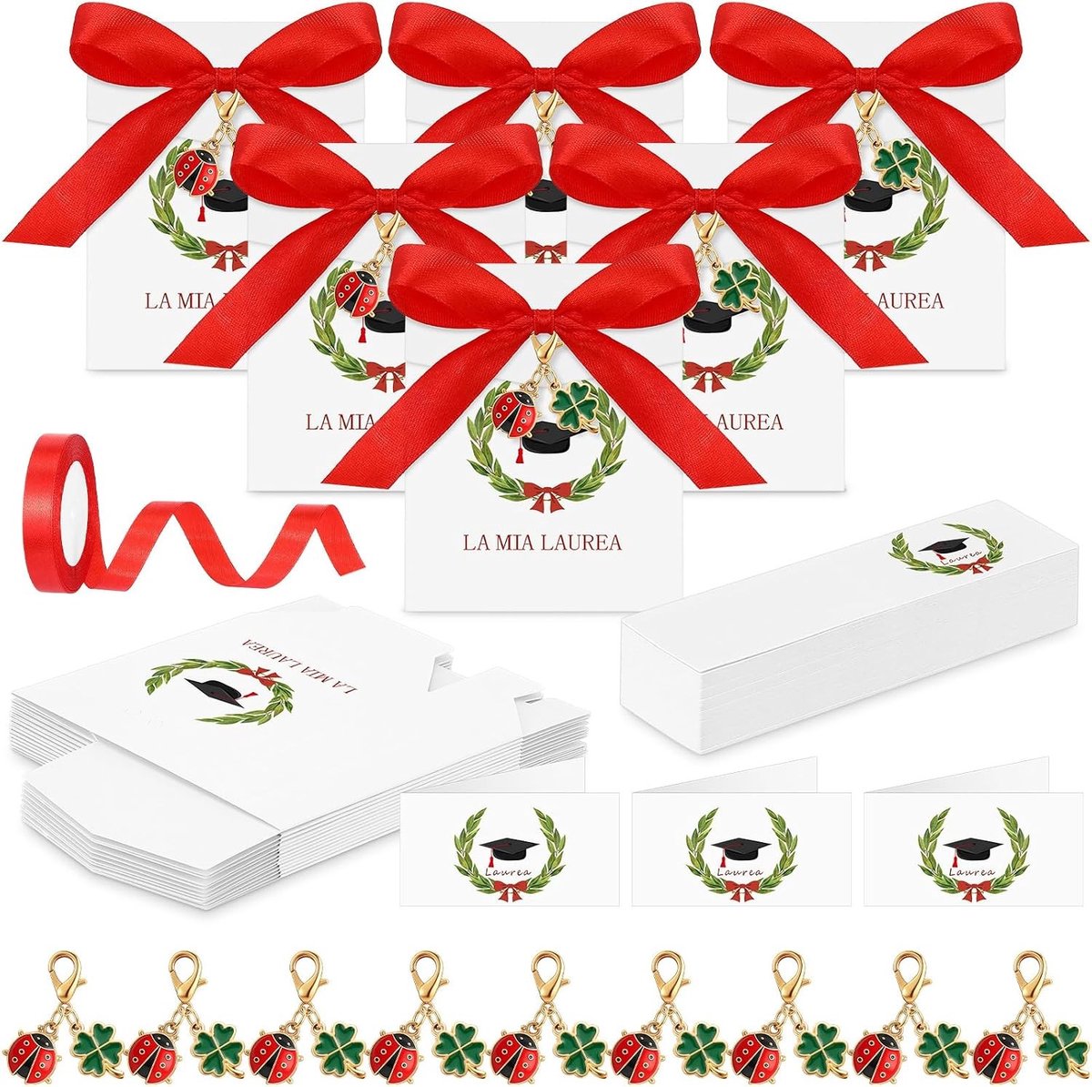 30 Sets Afstudeercadeautjes met Sleutelhangers, Gelukshangertjes en Lieveheersbeestjes - Cadeauverpakkingen, Cadeaulabels en Rood Lint voor DIY Feestdecoraties en Vieringen