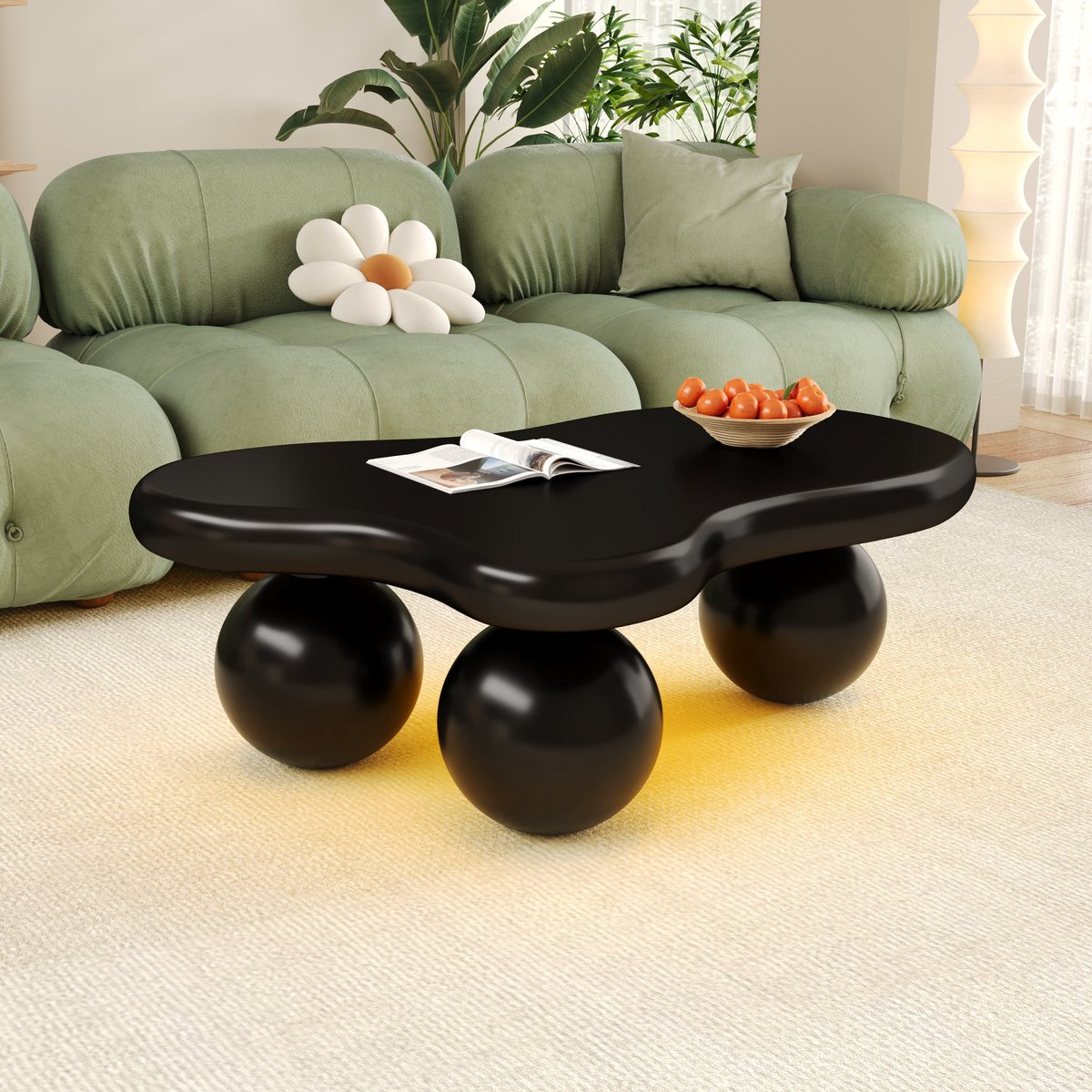 Merax Zwarte Organische Salontafel - Wolkvorm - Ledverlichting met 16 Kleuren - 95 x 62,5 x 32 cm