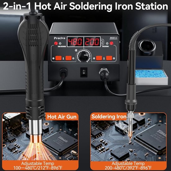 2-in-1 Digitale Loodgietstation met Hete Luchtpistool, 750W Dual LED Display en Slimme Slaapmodus voor Precisiewerk en Temperatuurregeling — afbeelding 5
