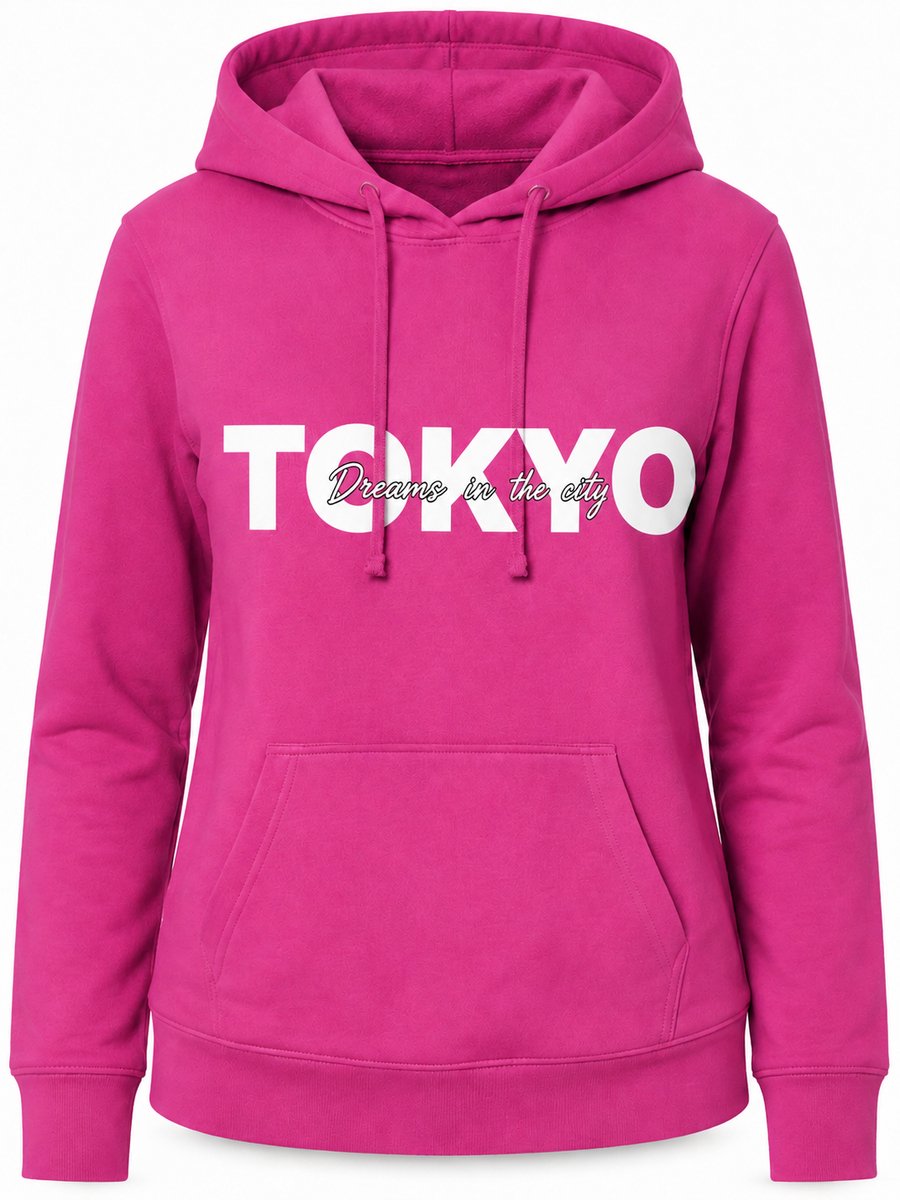 Trui Dames - Hoodie Dames met Tokyo Print - Fuchsia - Sweatshirt met Capuchon - Maat S