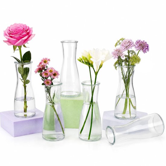 Kleine vazen voor tafeldecoratie - Glazen mini-vazen set - 14,3 cm hoog - Perfect voor bruiloften - ShopVlot