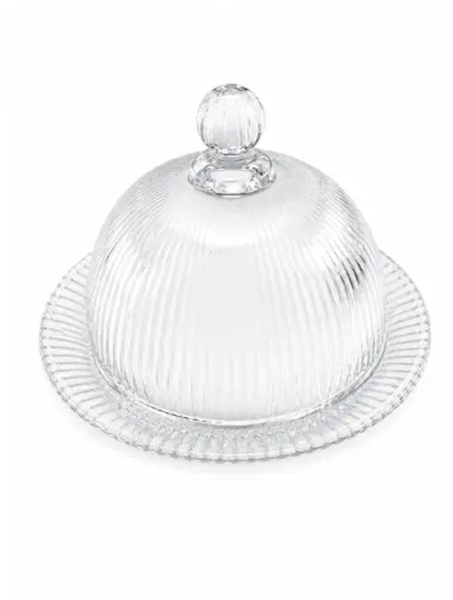Piramit glazen serveerschaal met deksel – Ø14 cm, h10 cm – transparant – geribbeld