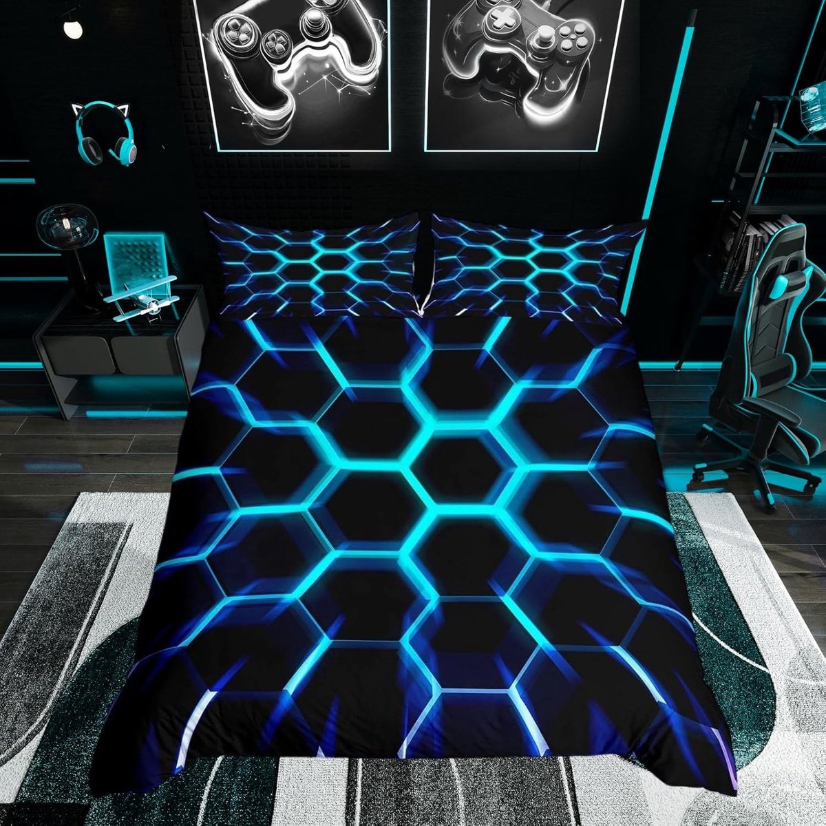 Famanu Beddengoedset met honingraatpatroon voor jongens, eenpersoons, zwart/groenblauw, 3D geometrisch Neutraal