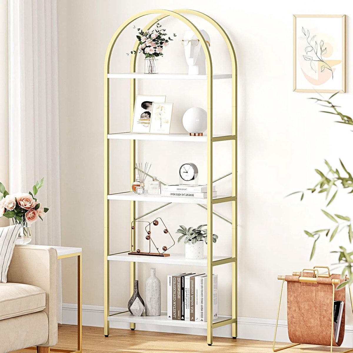 Gouden plank- 5-laags metalen boekenkast- 180 cm- met verstelbare poten- open plankenkast voor woonkamer- slaapkamer- wit marmer + goud