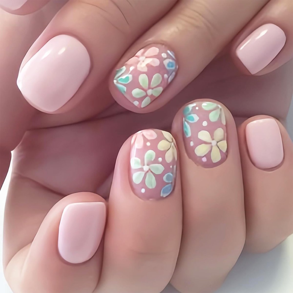 Dailygoods - 24 Stuks Roze Bloemen Press on Nails - Glanzende Kunstnagels Set