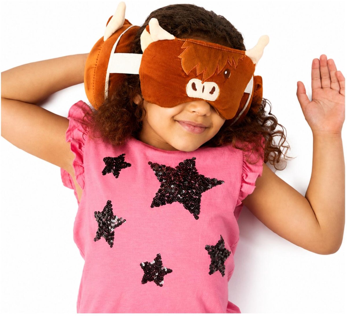 Relaxeazzz Relaxeazzz Reis set - Highland koe knuffel / reiskussen / slaapmasker - voor kinderen - in vliegtuig of auto