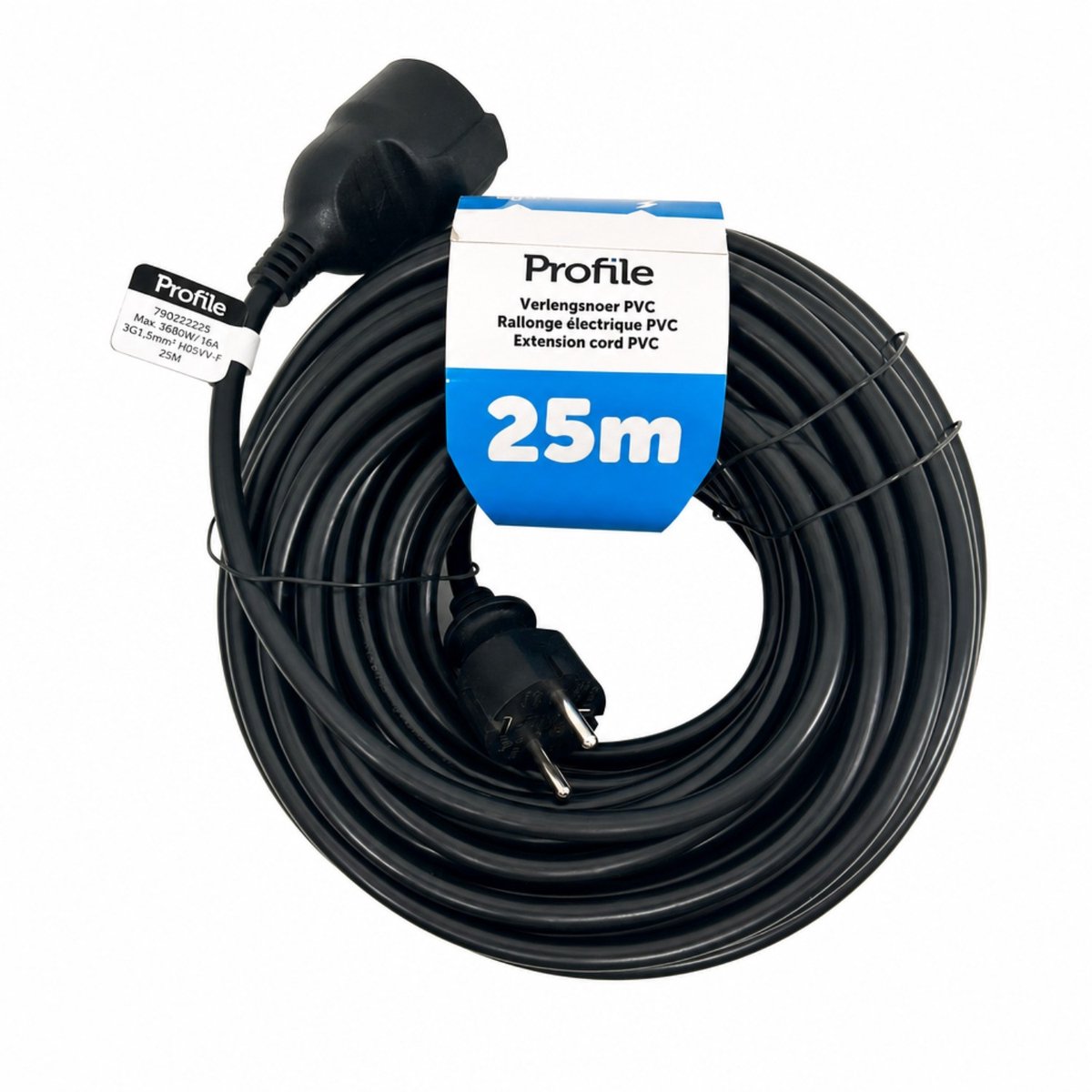 Profile Verlengsnoer 3g1.5 Pvc Schuko 25 M - Zwart - Geaard - Voor Binnen en Tijdelijk Buiten