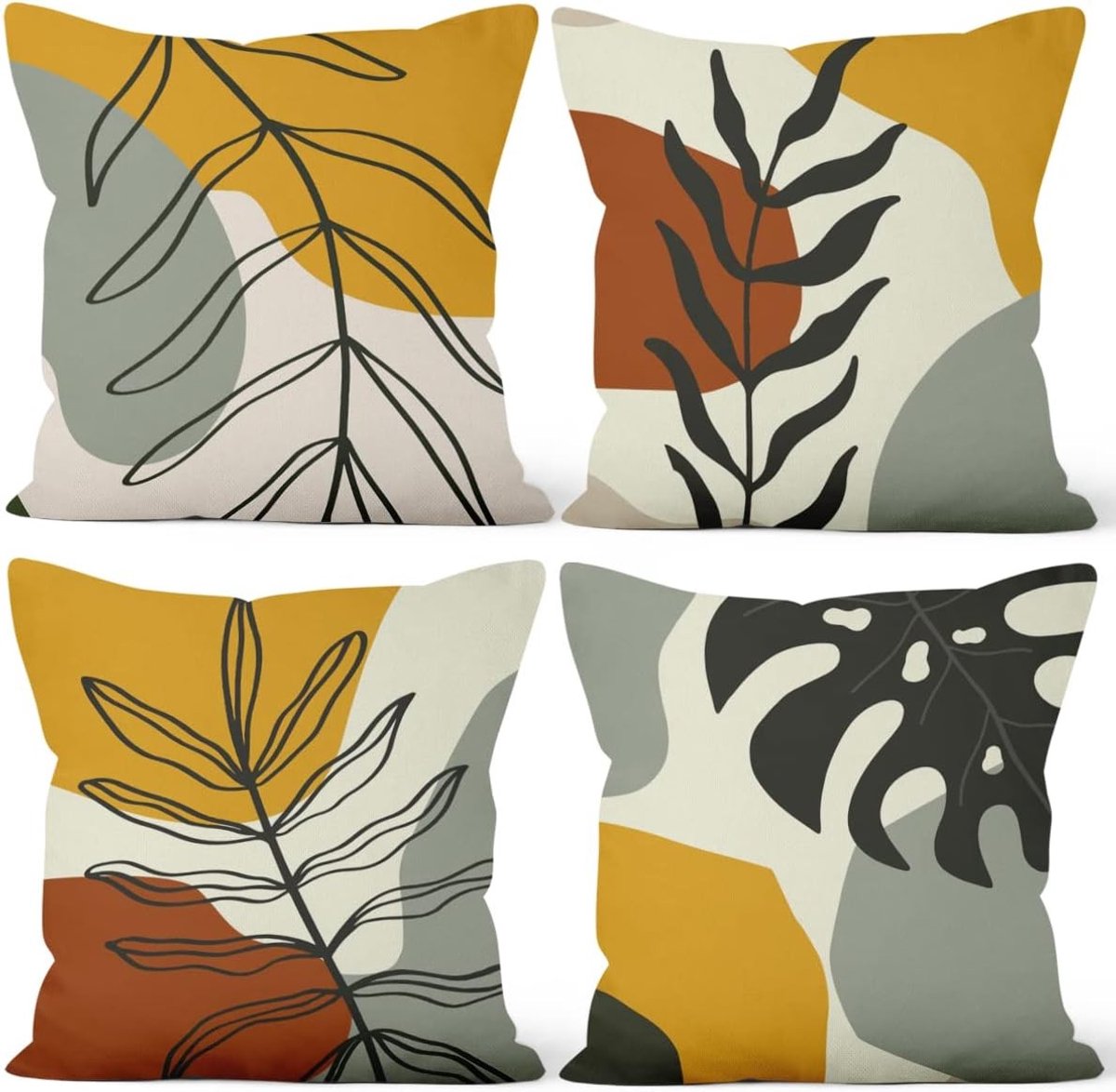 Boho Kussenhoezen 16 x 16 Inch met Palmblad - Minimalistisch en Rustiek Design voor Woonkamer en Tuin - Set van 4 Kussenslopen