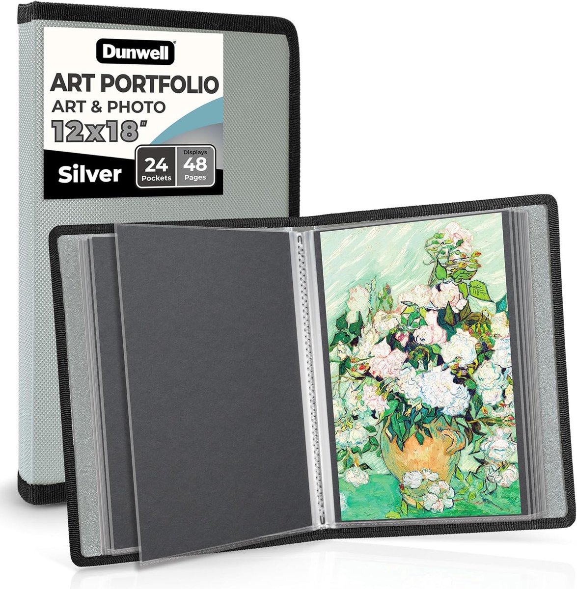 SnelShoppen - Dunwell 12x18 Kunst Portfolio Binder met Monteerpapier (Zilver), Grote Portfolio Map voor Kunstwerk Opslag, 24 Duidelijke Hoezen, 48 Pag