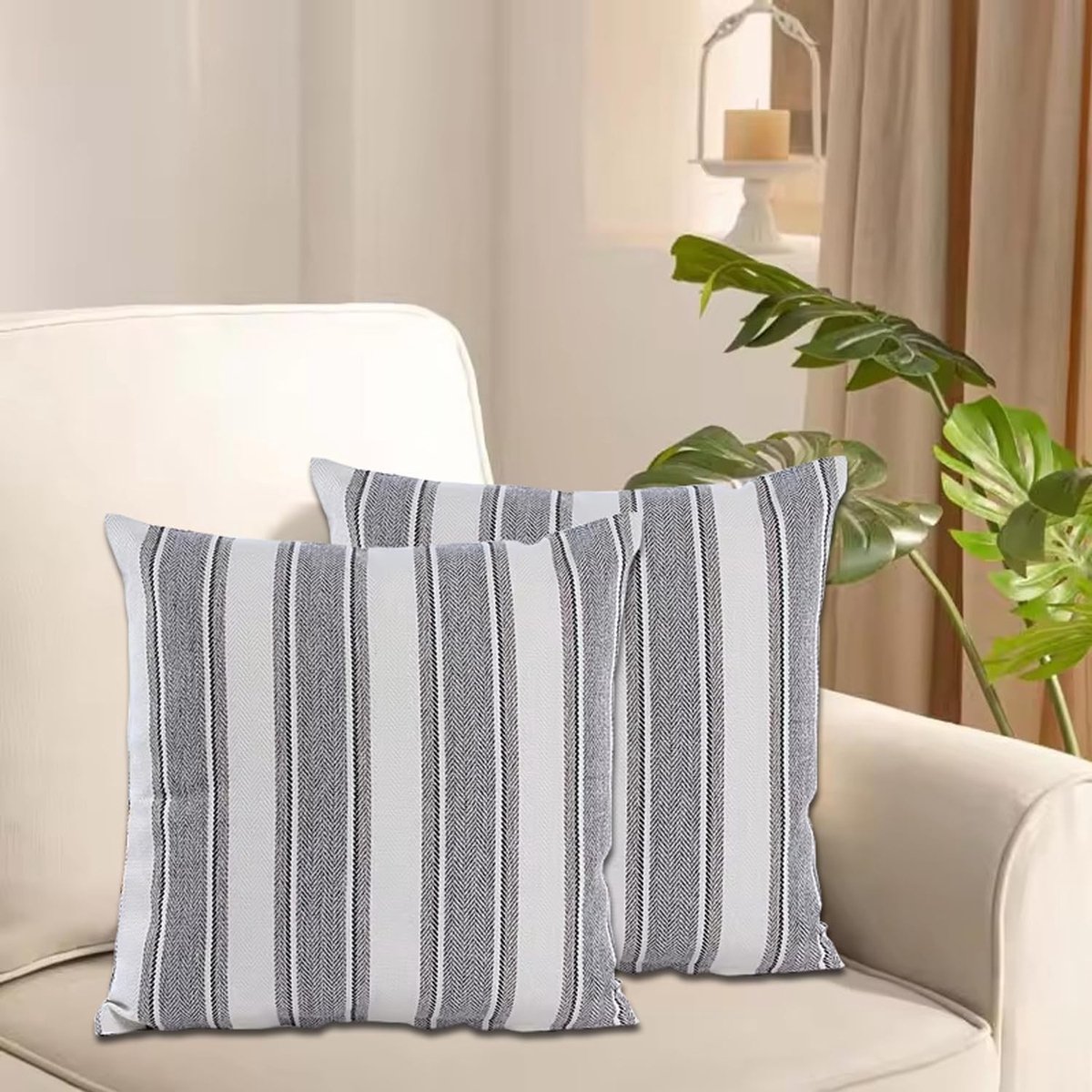 Set van 2 Linnen Kussenhoezen met Strepen, Decoratieve Kussens voor Woonkamer en Slaapkamer, 45 x 45 cm, Groen en Wit, Ideaal voor Bank en Interieurdecoratie