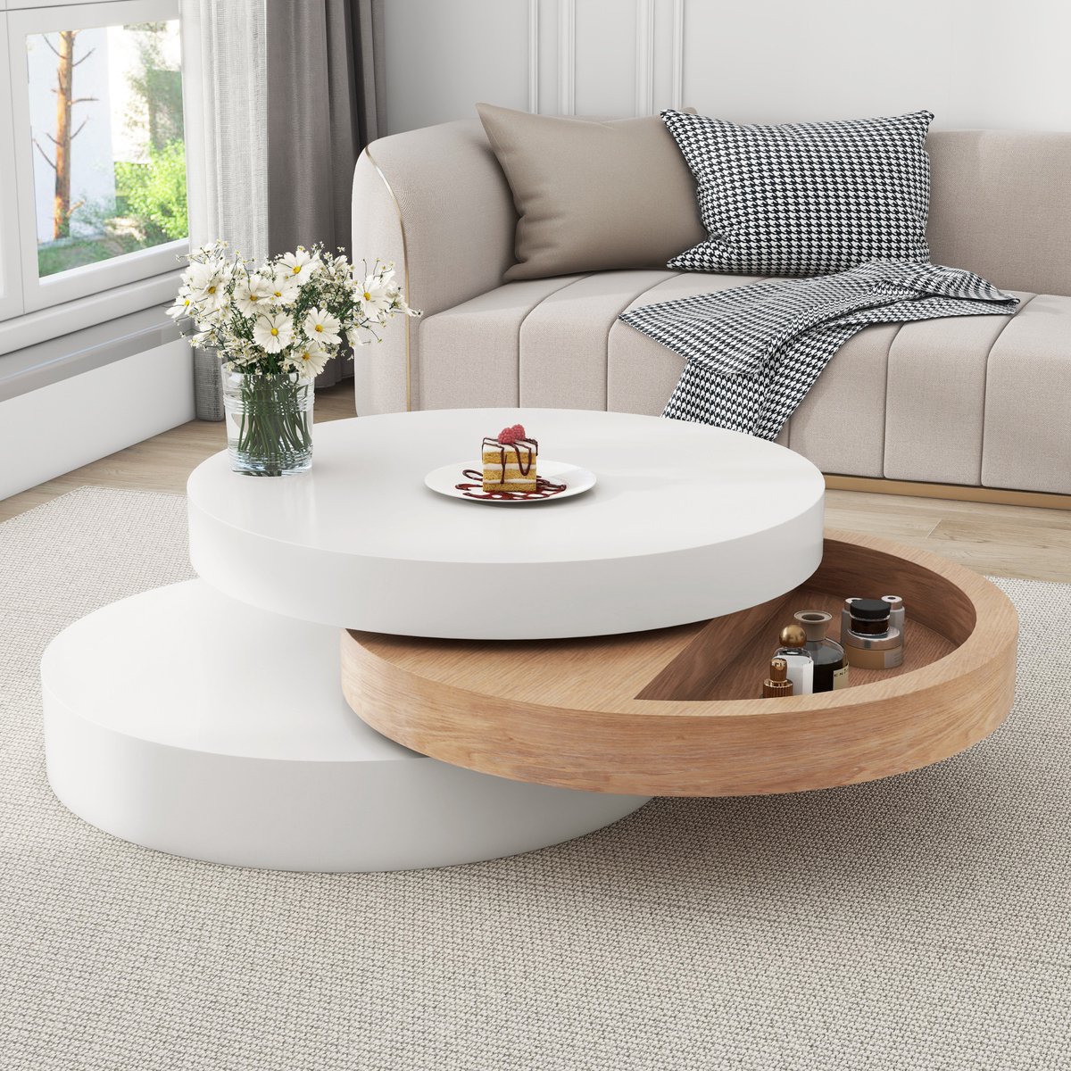 MIVRAY Salontafel - 360 Graden Draaibaar Met Verborgen Opbergruimte - Modern Voor De Woonkamer - MDF - Wit Natuurlijk Hout - 60 Cm