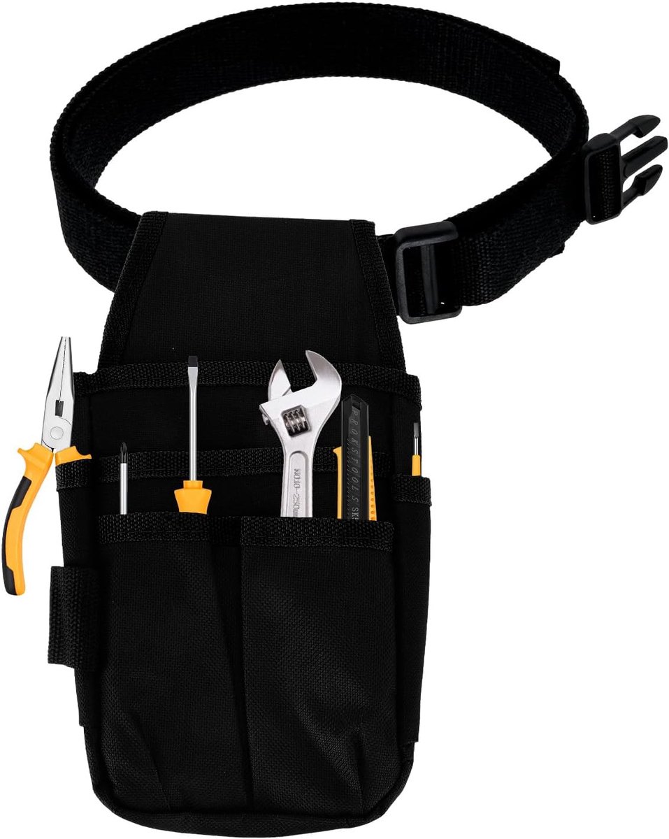 Gereedschapsriem met 1,2 m riem, 13 x 25 cm, 6 zakken, 600D Oxford-stof, werkriemtas, kleine gereedschapstas, riemtas voor timmerman, elektriciens, technici, zwarte rand