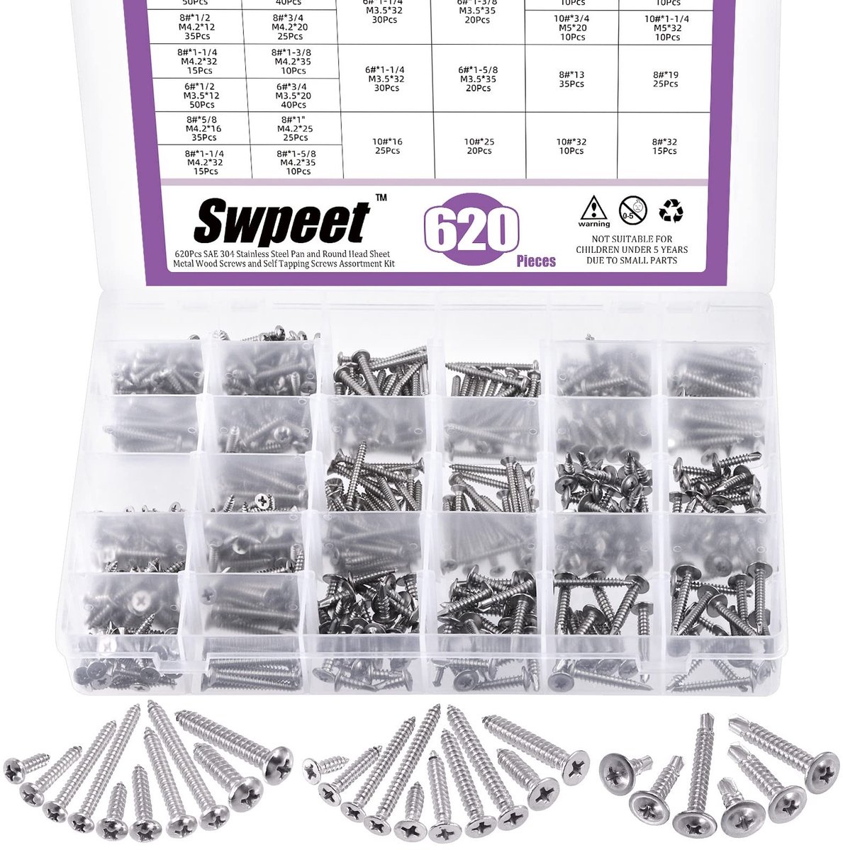 Omgoods - Set van 620 Zelftappende Schroeven - 3 Types #6 #8 #10
