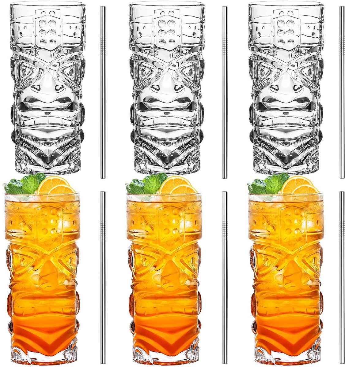 Omgoods - Set van 6 Transparante Tiki Glazen - 14 oz Cocktailglazen voor Exotic Cocktails