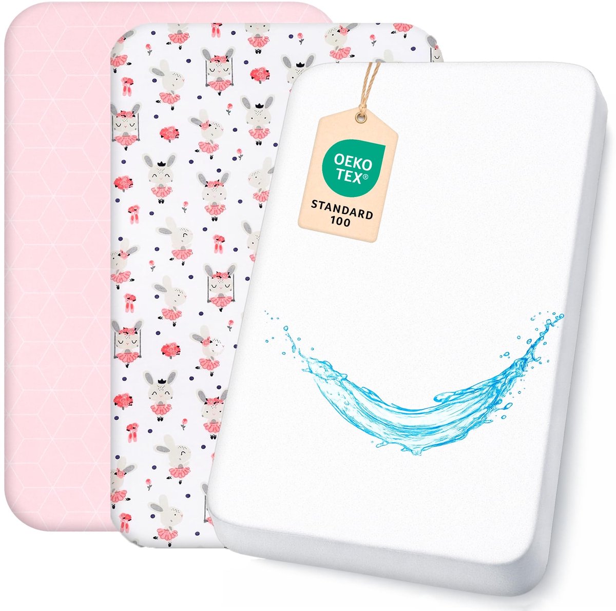 Omgoods - Fitted Sheet Set 100% Katoen - 2 Fitted Sheets + 1 Matrasbeschermer - 55x90 cm - Roze
