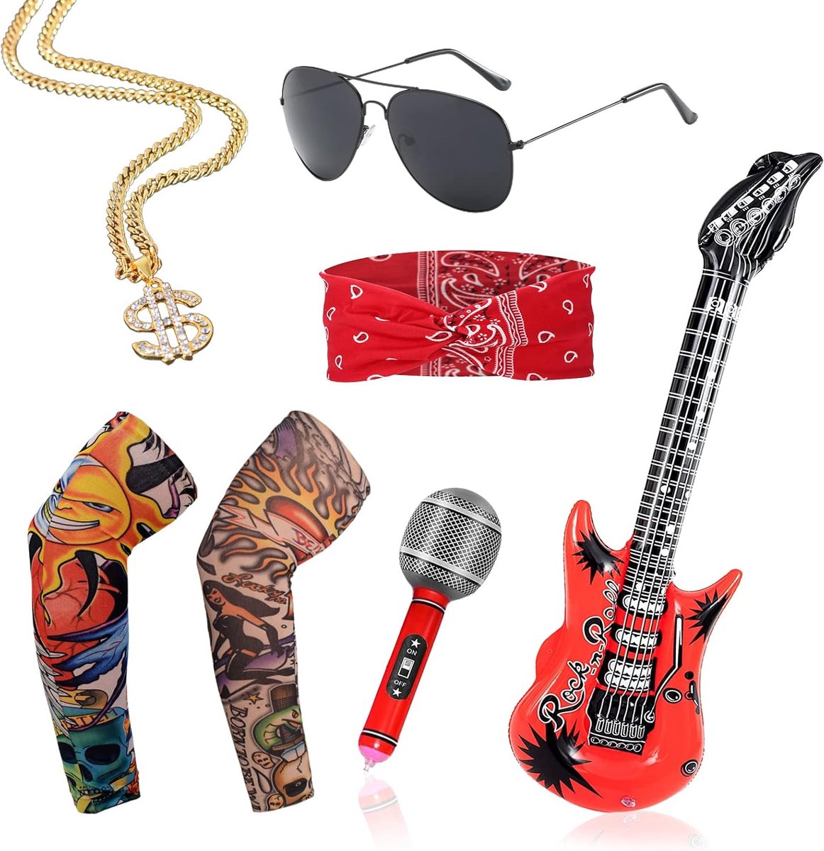 7-delige rockerset, gothic, punk, 70, 80, 90, hippieaccessoires, zware metalen rokken, Halloween, accessoires, punk, cosplay, feest