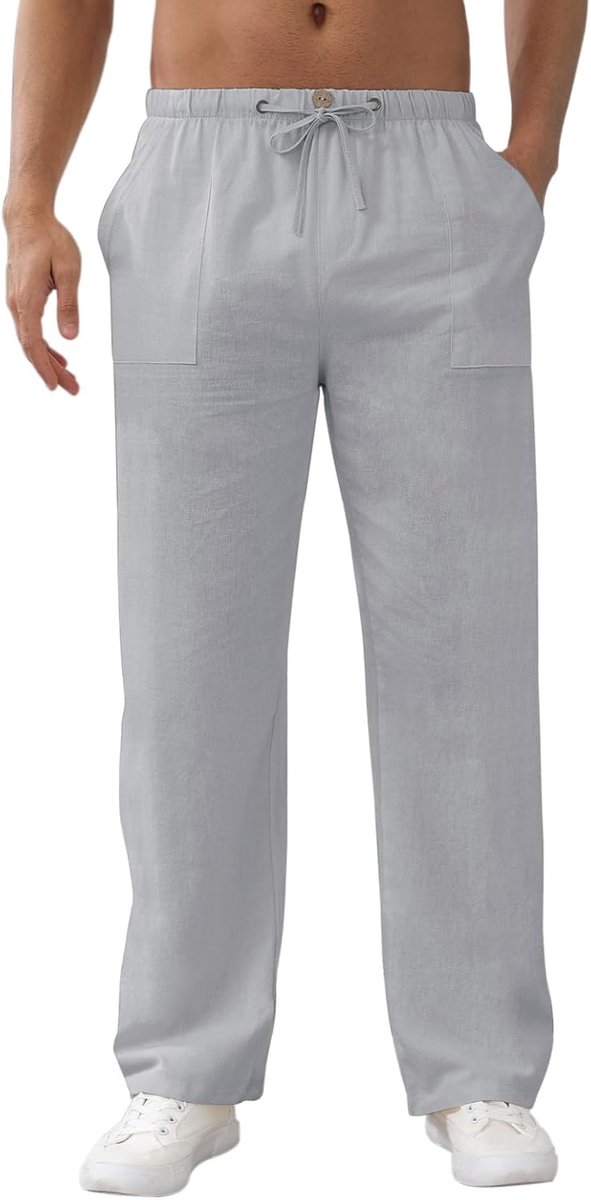 Zomerbroek voor heren, linnen broek, lichte zomerbroek, losse vrijetijdsbroek met zakken, elastische tailleband en trekkoord