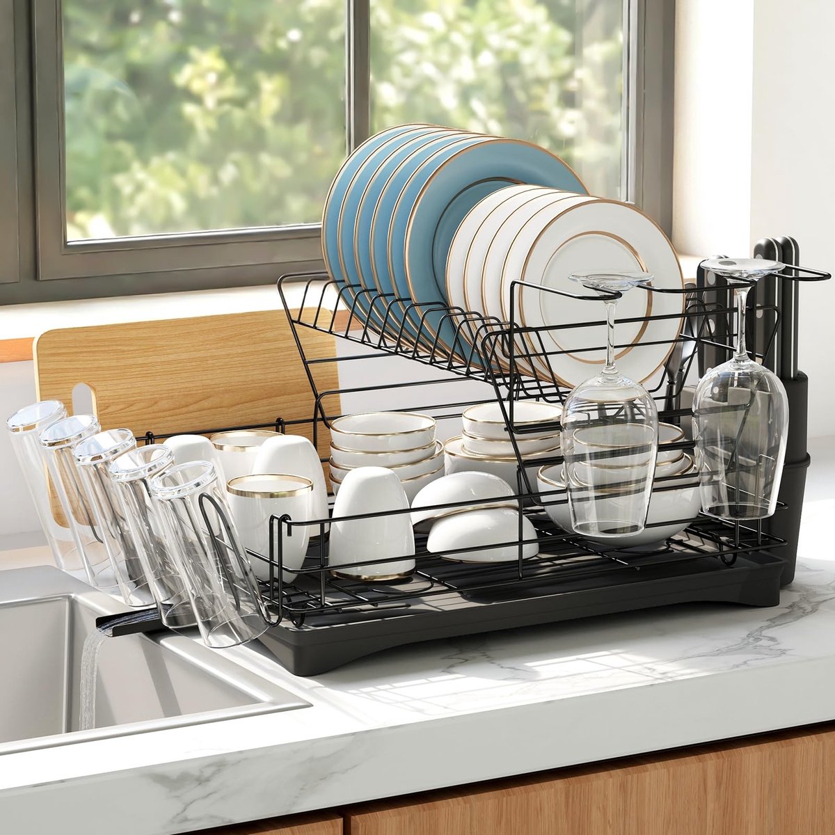 Omgoods - 2-Tier Afwasrek met Drip Tray en Swivel Drain Spout