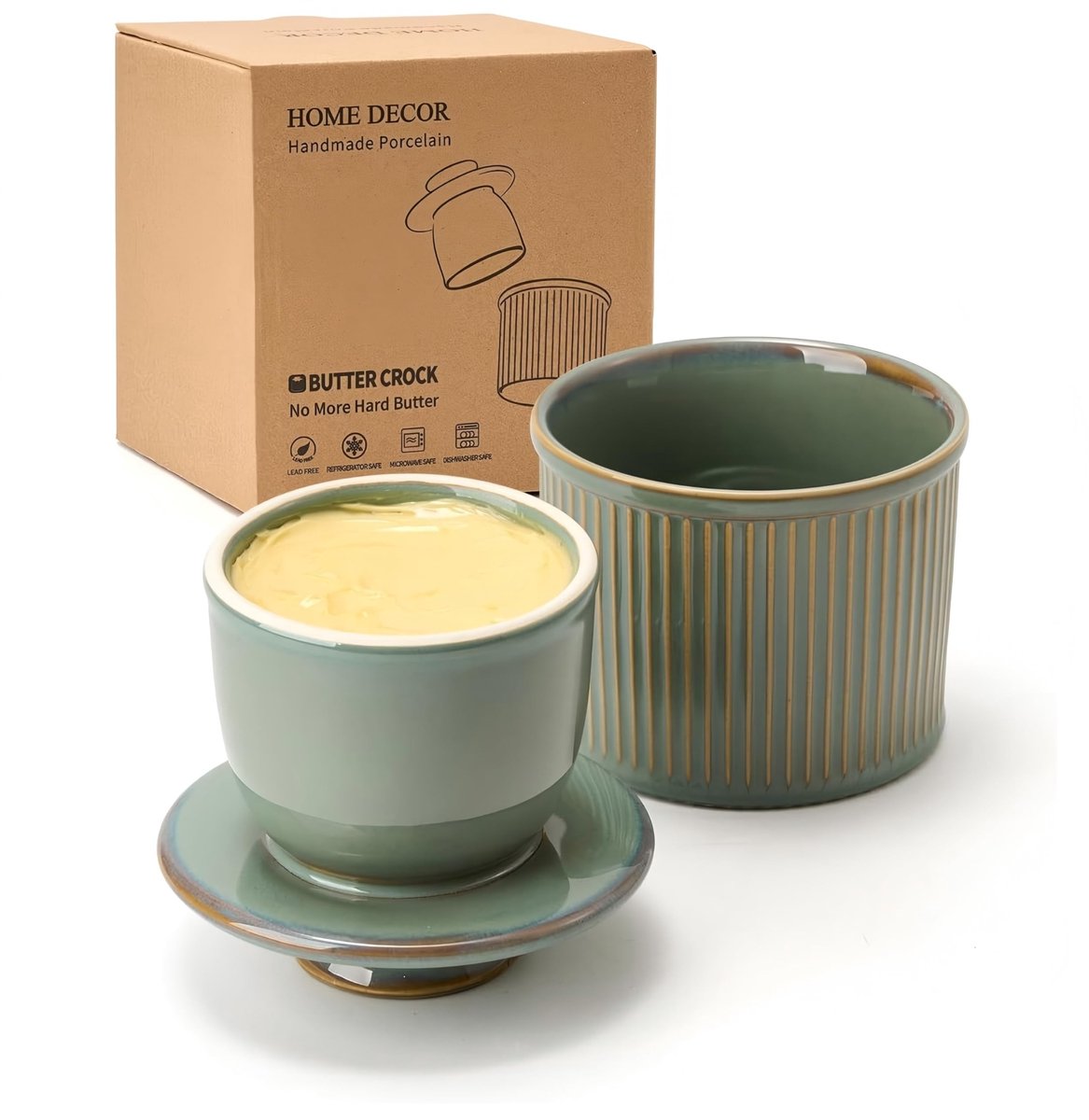 Omgoods- Boterhouder met deksel - Keramische Boterkruik - Reactieve Glazuur - Gestreept - 6/8.7 OZ - Magische Kleurenspel - Botervloot