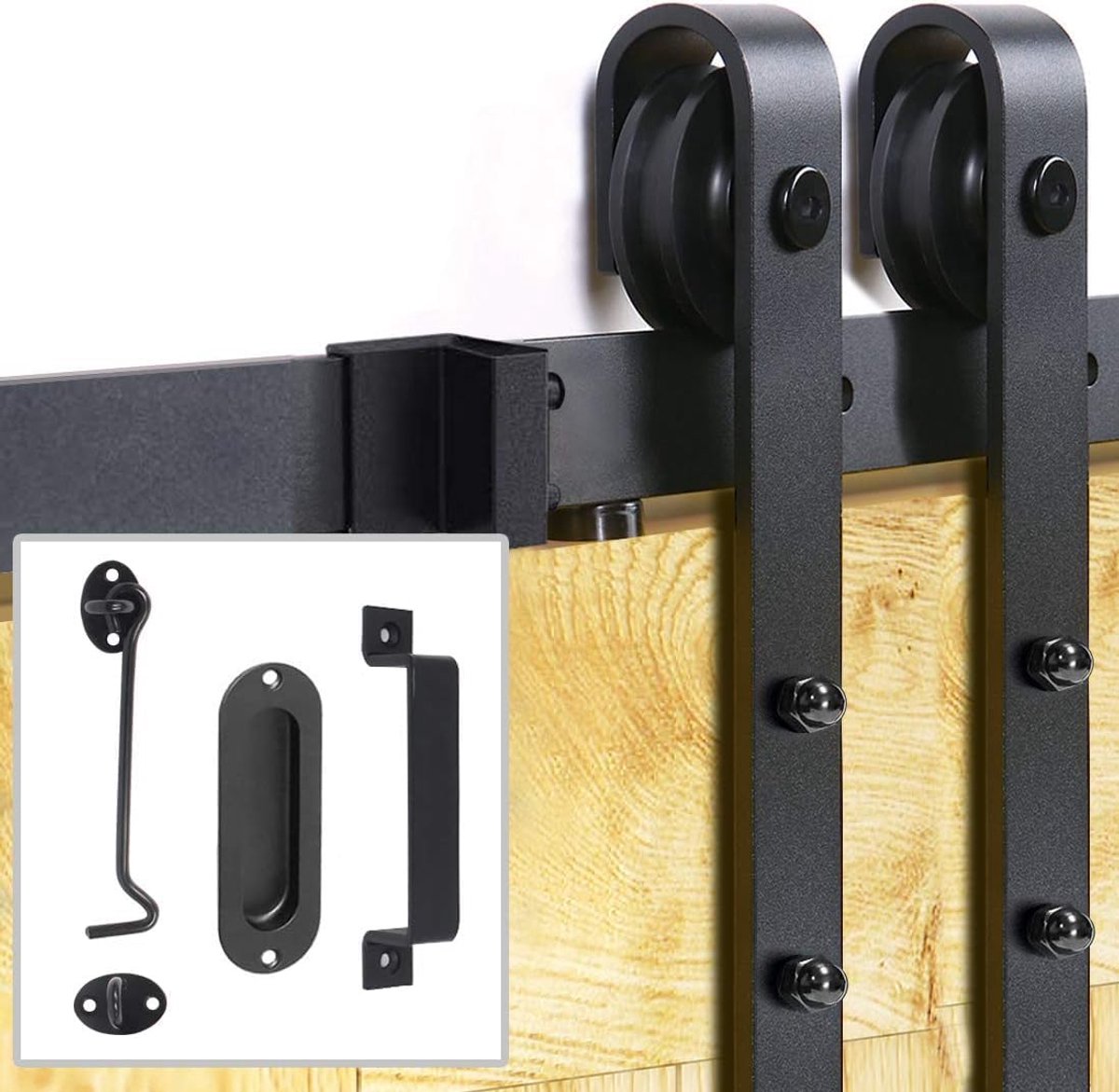 Schuifdeur Set, 200 cm Rail, Schuifdeursysteem met Schuurdeurgreep en 2 Haaksloten, J-vorm