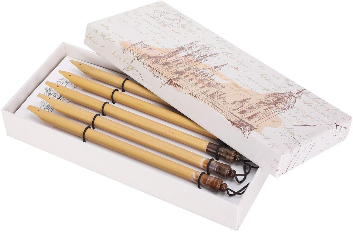 Omgoods- Kalligrafiepen - Bamboe Kroontjespen - 5 Stuks - Vintage Handgemaakt - Geschenkdoos - Ideale Maat 18 cm - Dip Pen